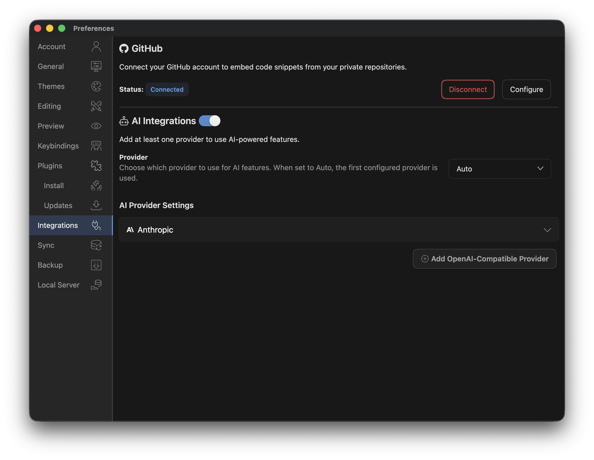 Preferences window